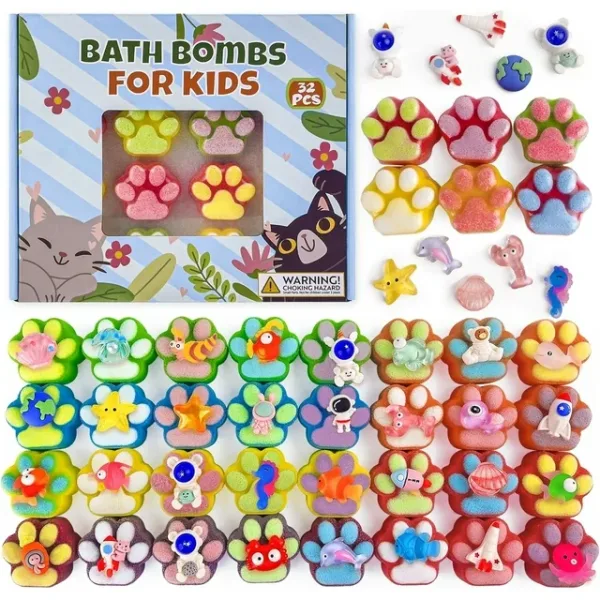 Bath Bombs for Kids,32PCS Paw-Shape Bath Bombs with Surprise Toy Inside, Bath Bombs with Ocean Animals and Space Planet Toys, Natural Bath Bomb Gift Set at Christmas, Birthday